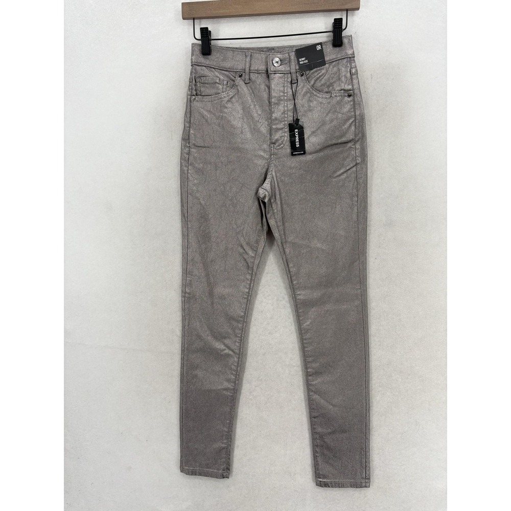 Express Skinny High Rise Jeans Womens 0 Silver Metallic Coated Stretch Preppy